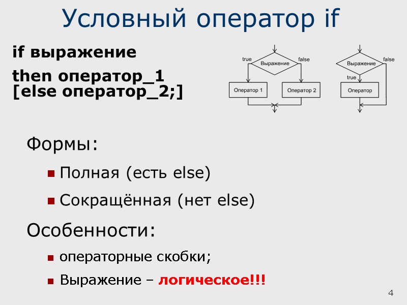 4 Условный оператор if if выражение  then оператор_1 [else оператор_2;] Формы: Полная (есть